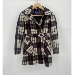 Rothschild Pea Coat Girls Size 10/12 M Black White Red Excellent Plaid Lined